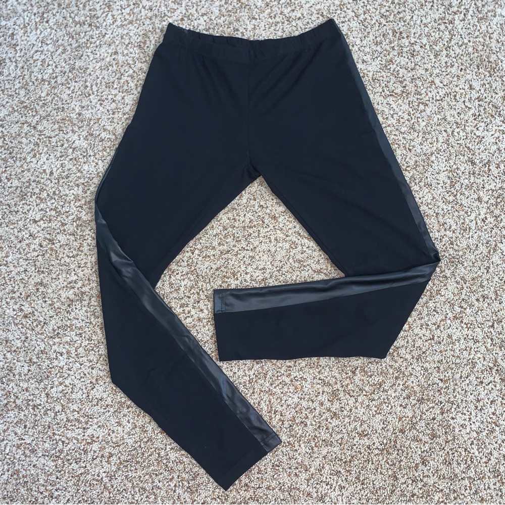 Black Cotton Leggings with Faux Leather Side Stripe